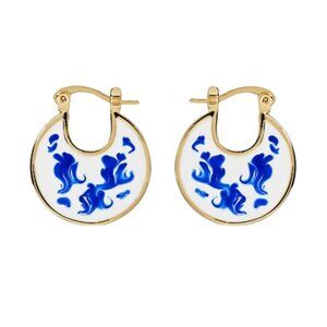 Blue & White Enamel Gold Plated Hoop Earrings